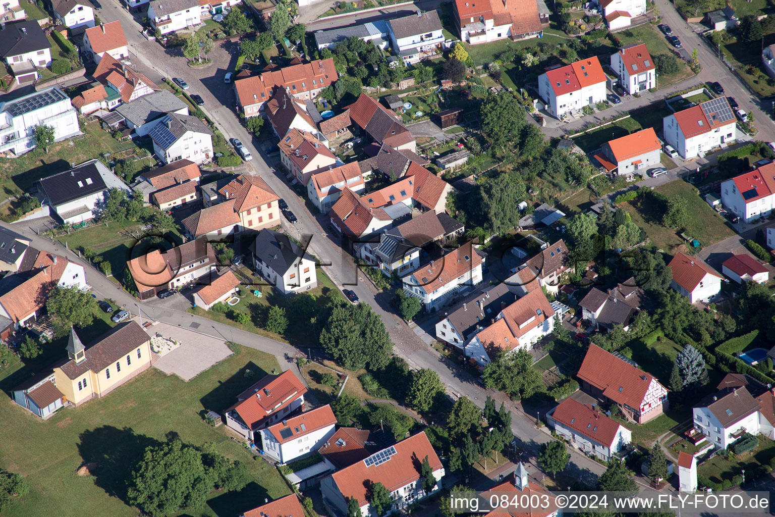 Aerial photograpy of Mary Queen in the district Schluttenbach in Ettlingen in the state Baden-Wuerttemberg, Germany