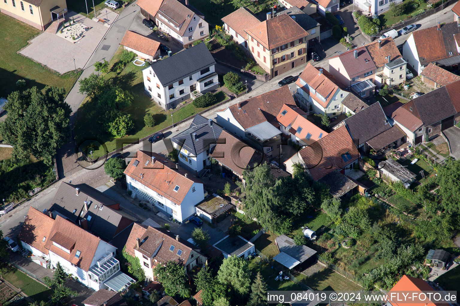 District Schluttenbach in Ettlingen in the state Baden-Wuerttemberg, Germany seen from a drone