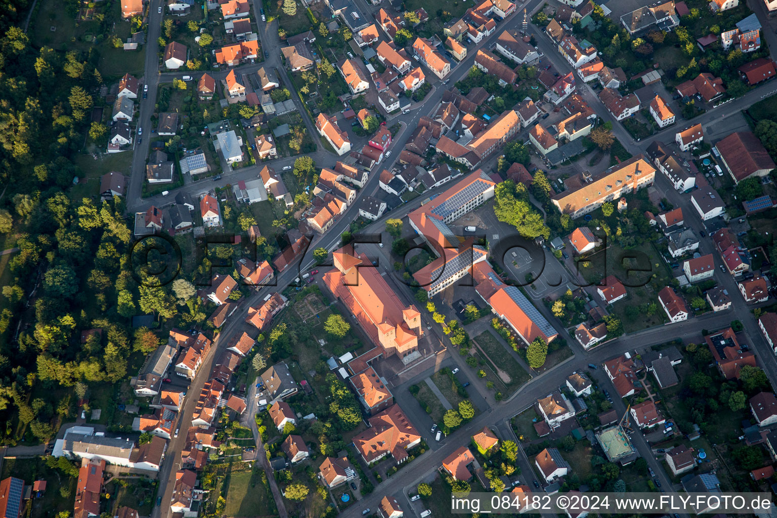 Aerial view of Church building in of Christkoenigskirche Old Town- center of downtown in Hauenstein in the state Rhineland-Palatinate, Germany