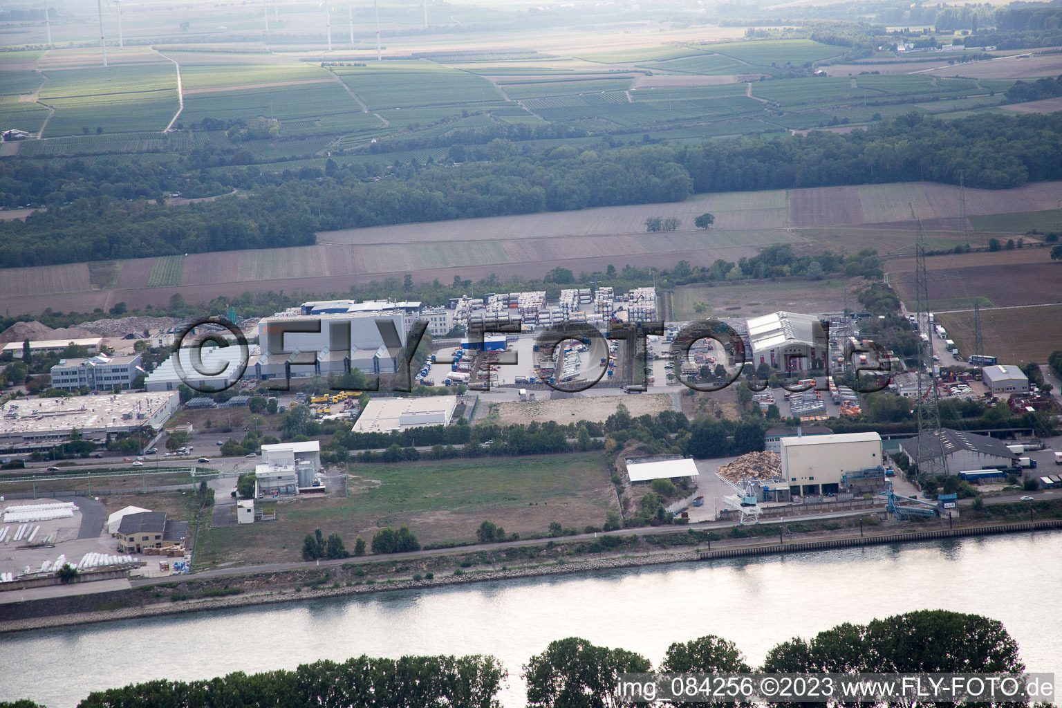 Oblique view of Industrial area N from the east in Worms in the state Rhineland-Palatinate, Germany