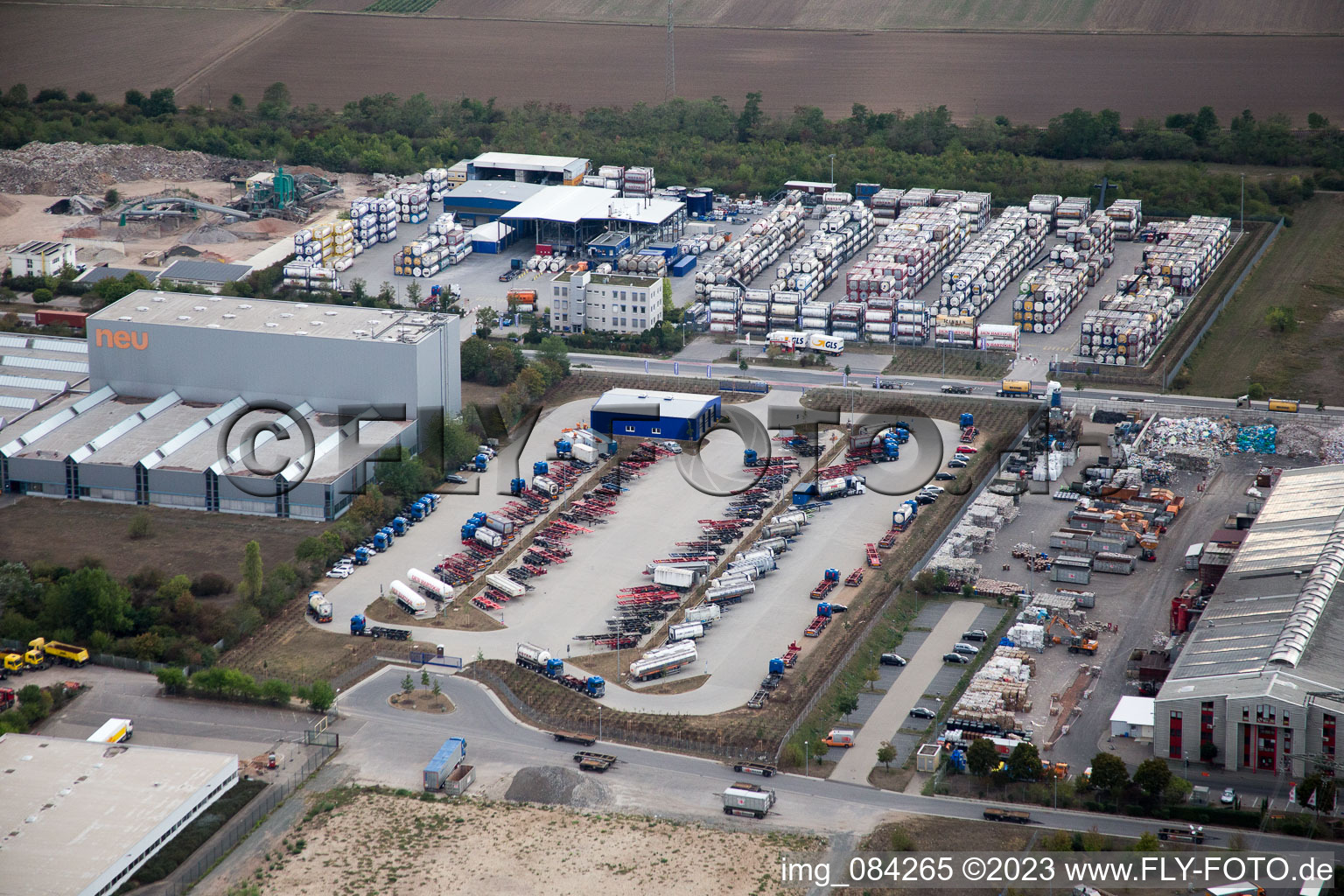 Aerial photograpy of Industrial area Im Langgewan, forwarding company Kube & Kubenz in Worms in the state Rhineland-Palatinate, Germany