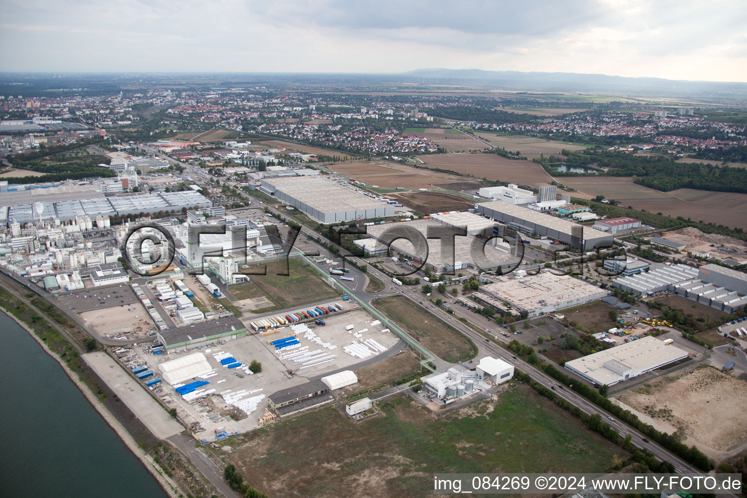 Oblique view of Industrial area North on the Rhine in Worms in the state Rhineland-Palatinate, Germany