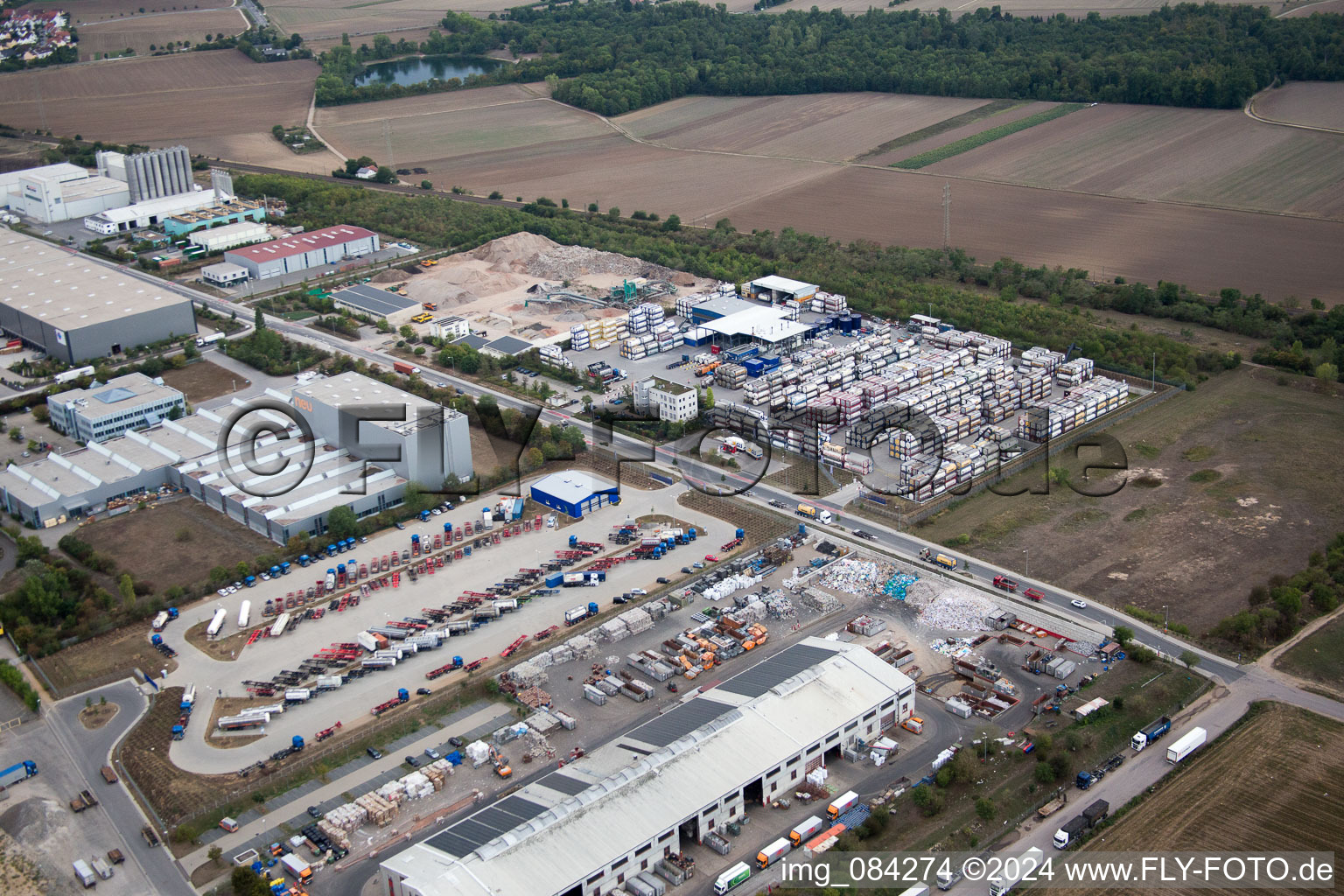 Industrial area Im Langgewan, forwarding company Kube & Kubenz in Worms in the state Rhineland-Palatinate, Germany from the plane