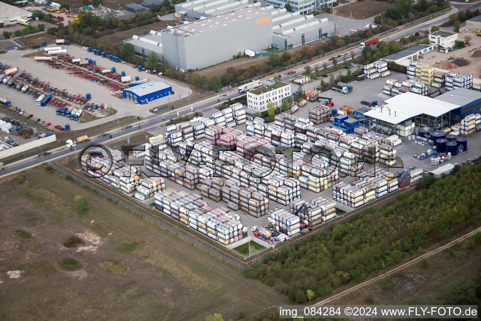 Industrial area Im Langgewan, forwarding company Kube & Kubenz in Worms in the state Rhineland-Palatinate, Germany from the drone perspective