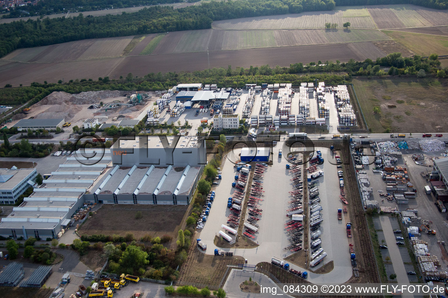 Industrial area Im Langgewan, forwarding company Kube & Kubenz in Worms in the state Rhineland-Palatinate, Germany from the drone perspective