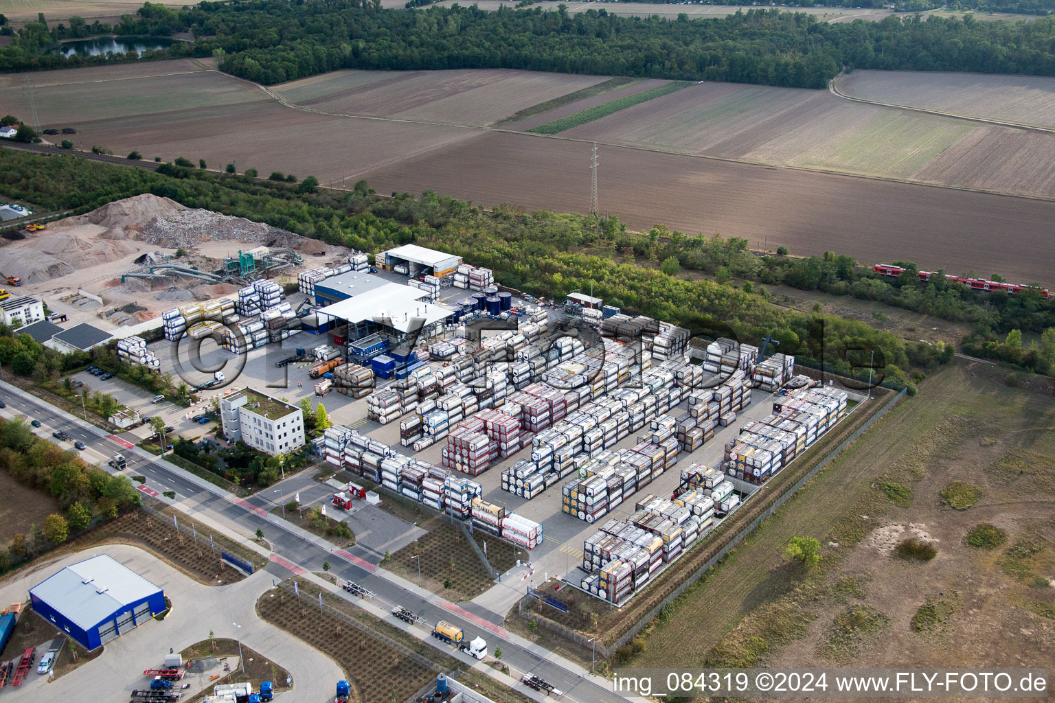 Oblique view of Industrial area Im Langgewan, forwarding company Kube & Kubenz in Worms in the state Rhineland-Palatinate, Germany