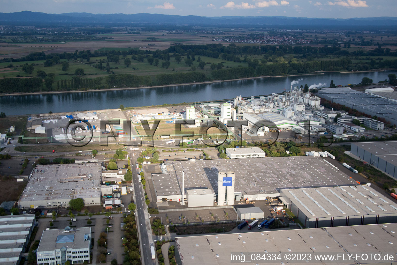 Drone image of North industrial area on the Rhine in Worms in the state Rhineland-Palatinate, Germany