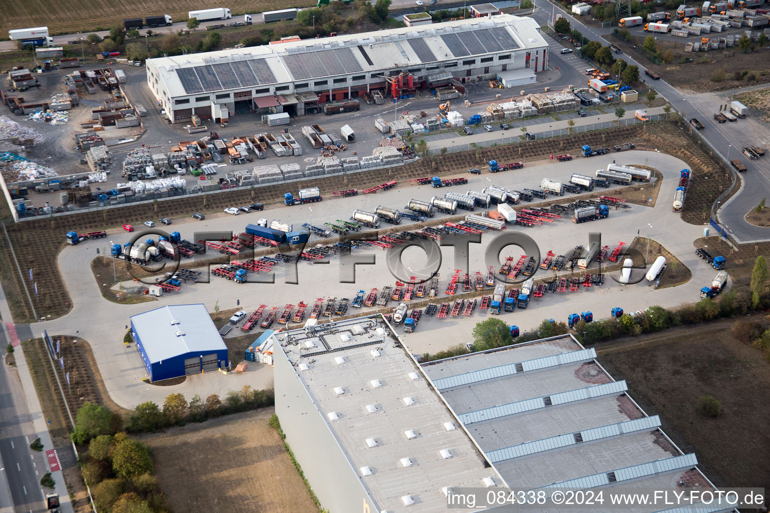 Industrial area Im Langgewan, forwarding company Kube & Kubenz in Worms in the state Rhineland-Palatinate, Germany from the plane