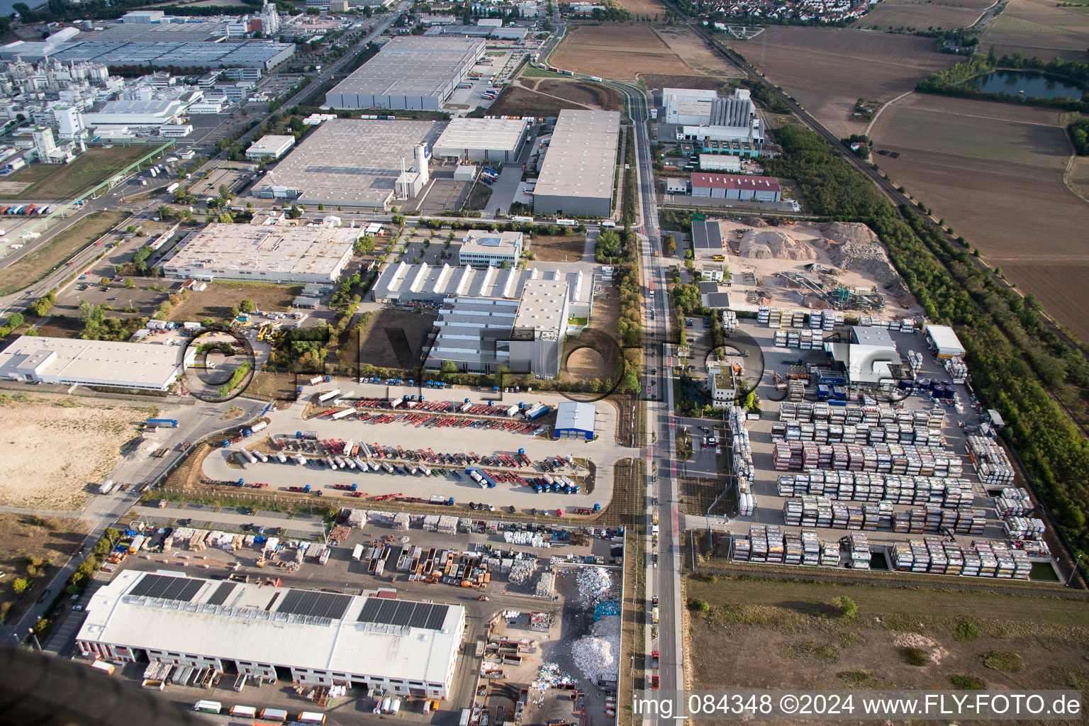 Industrial area Im Langgewan, forwarding company Kube & Kubenz in Worms in the state Rhineland-Palatinate, Germany from the drone perspective