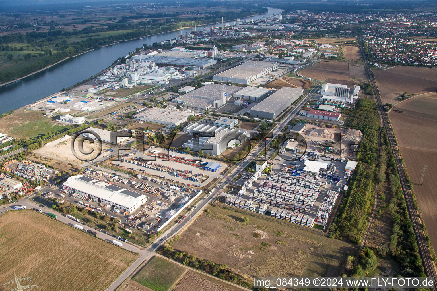 Warehouses and forwarding building Kube & Kubenz in Worms in the state Rhineland-Palatinate, Germany from the plane