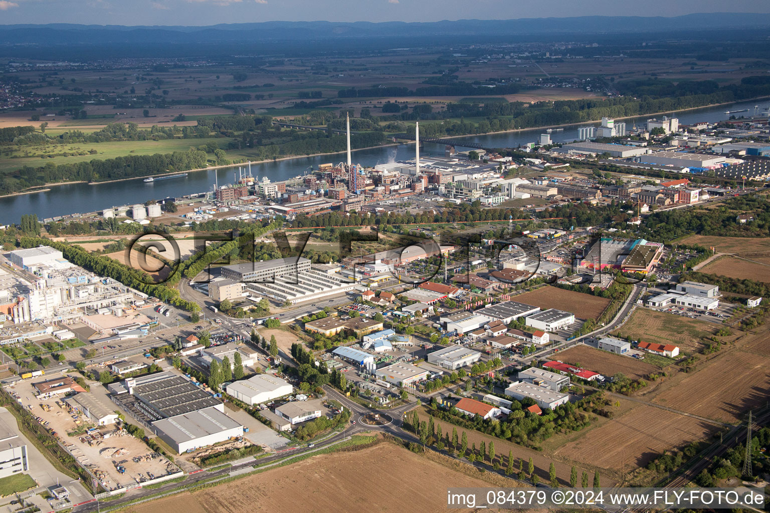 Industrial area North on the Rhine in Worms in the state Rhineland-Palatinate, Germany seen from a drone