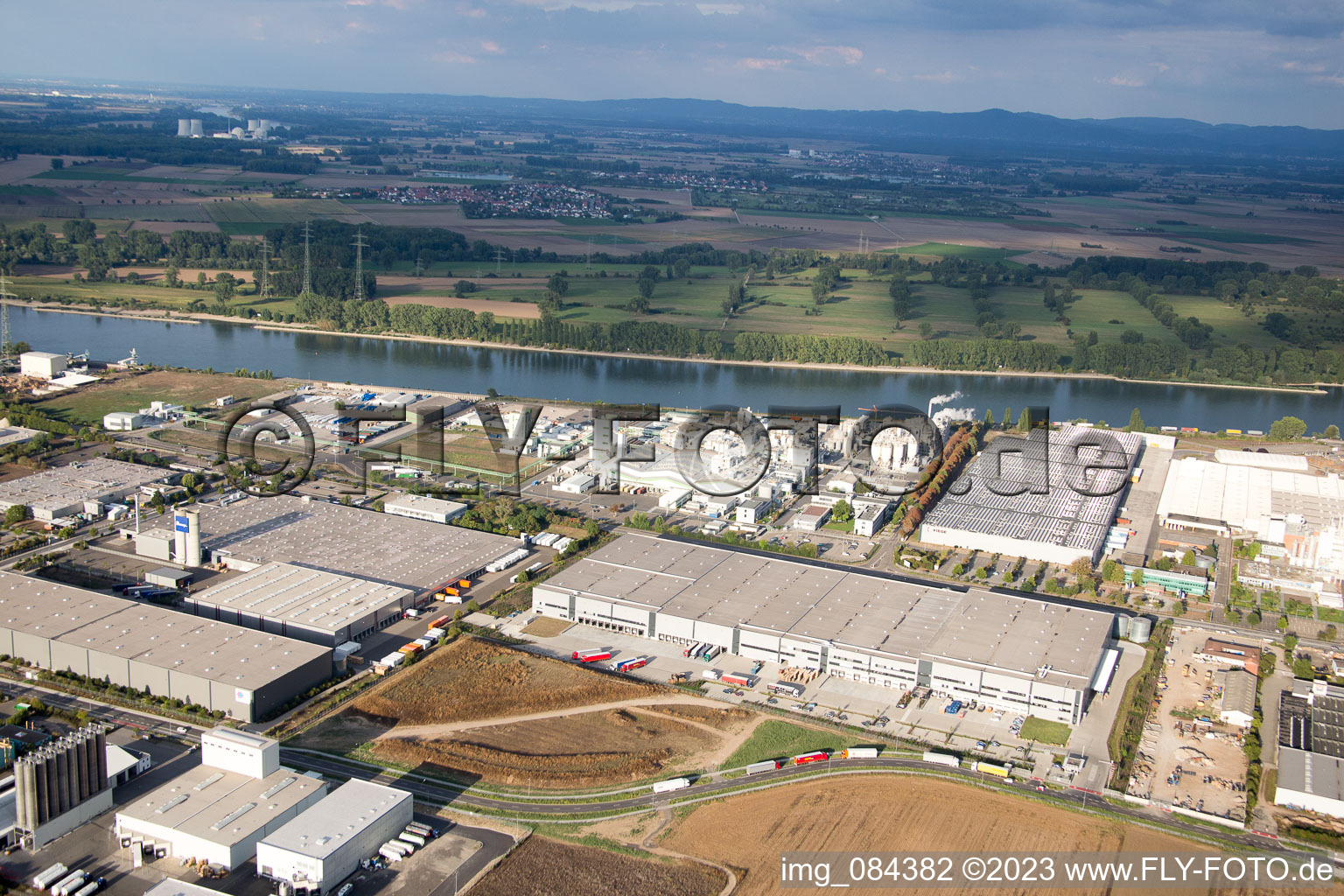 Aerial view of North industrial area on the Rhine in Worms in the state Rhineland-Palatinate, Germany