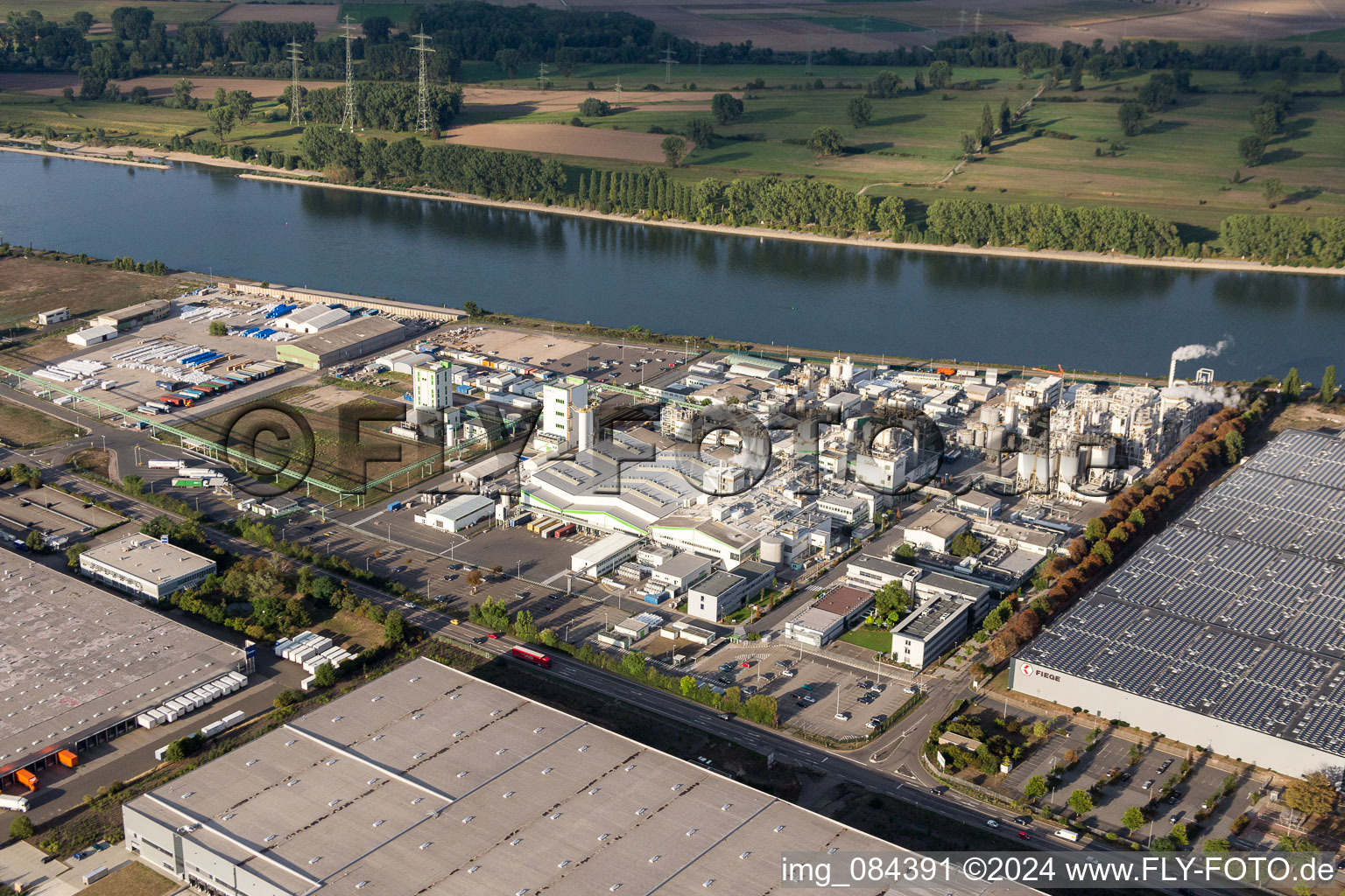 Aerial view of Building and production halls on the premises of the chemical manufacturers Grace GmbH on the river bank of the Rhine in Worms in the state Rhineland-Palatinate, Germany