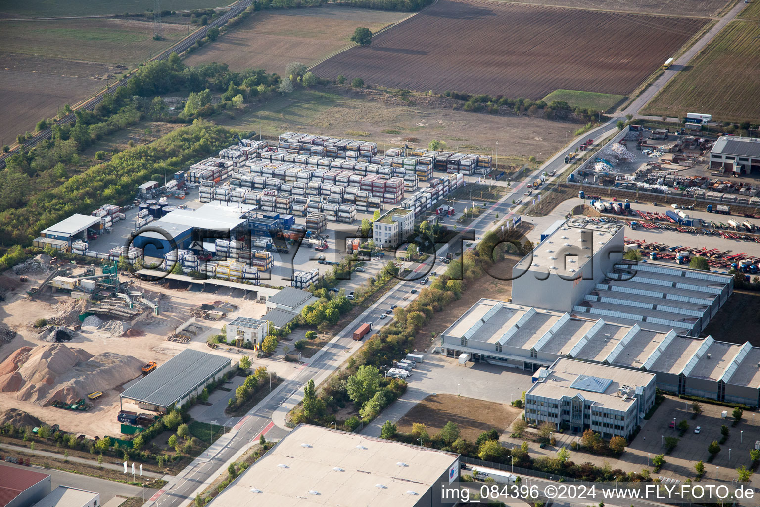 Aerial view of Industrial area Im Langgewan, forwarding company Kube & Kubenz in Worms in the state Rhineland-Palatinate, Germany