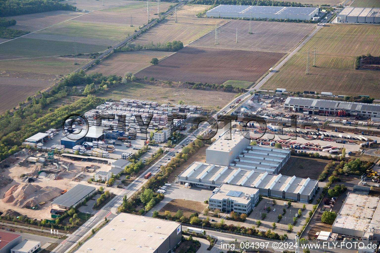 Aerial photograpy of Industrial area Im Langgewan, forwarding company Kube & Kubenz in Worms in the state Rhineland-Palatinate, Germany