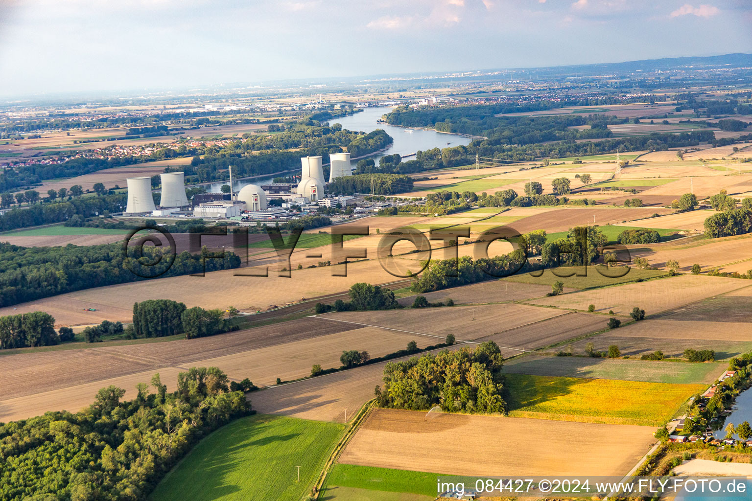 Aerial photograpy of Building remains of the reactor units and facilities of the NPP nuclear power plant in Biblis in the state Hesse