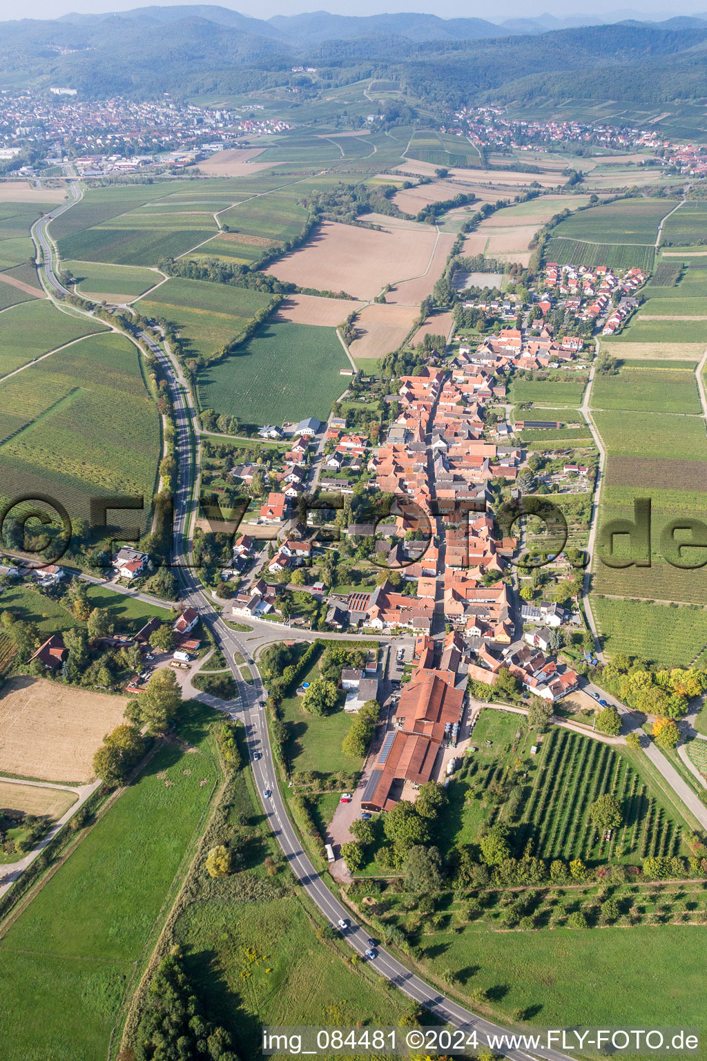 Aerial view of Village - view on the edge of agricultural fields and farmland in Niederhorbach in the state Rhineland-Palatinate, Germany