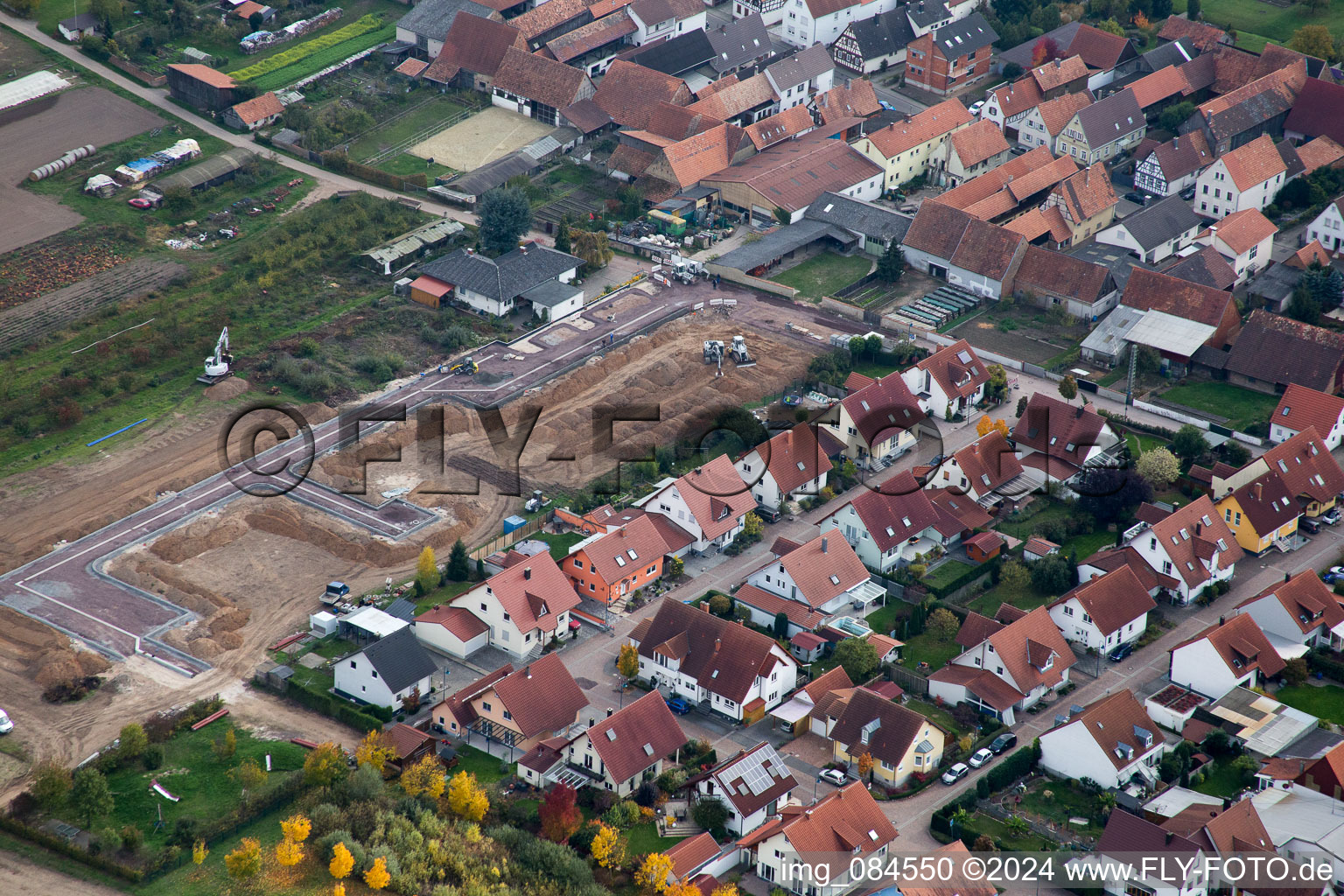 Aerial view of New development area in d. Gardening in Erlenbach bei Kandel in the state Rhineland-Palatinate, Germany