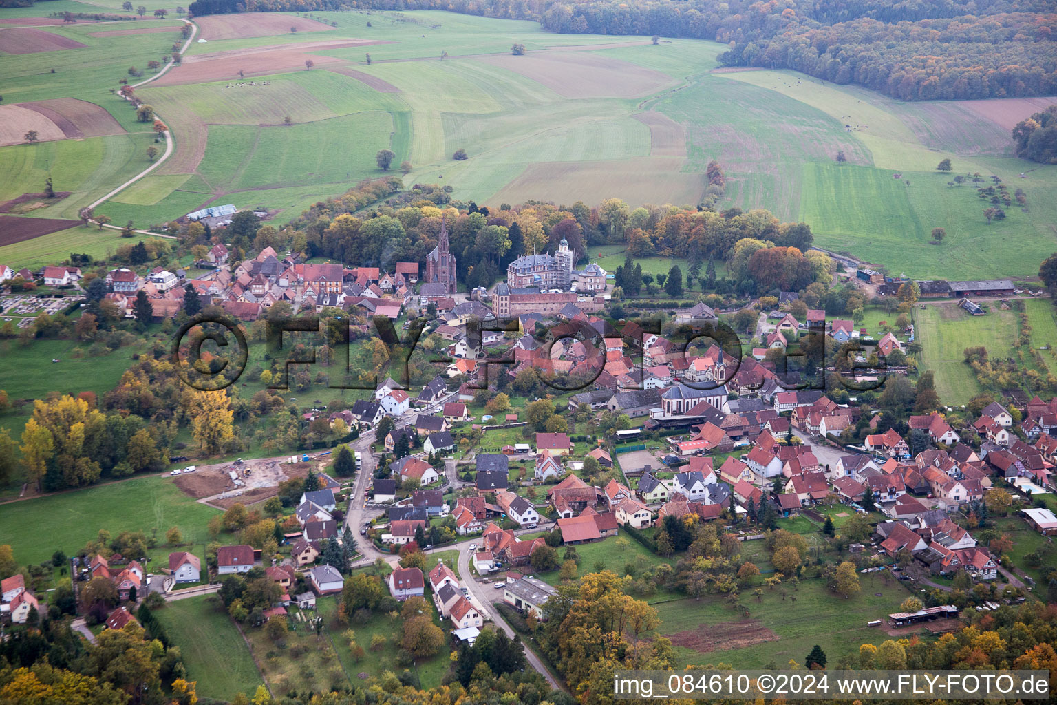 Aerial view of Frœschwiller in the state Bas-Rhin, France