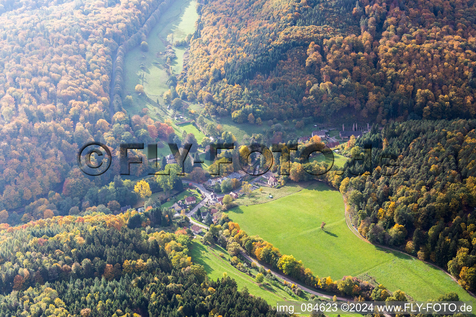 Complex of the hotel building Domaine Jaegerthal in a green valley in the district Jaegerthal in Windstein in Grand Est, France