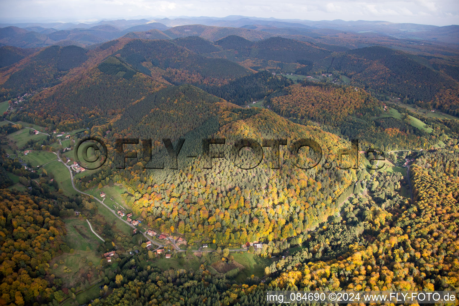 Forest and mountain scenery in autumn colurs of the nothern vosges in Windstein in Alsace-Champagne-Ardenne-Lorraine, France