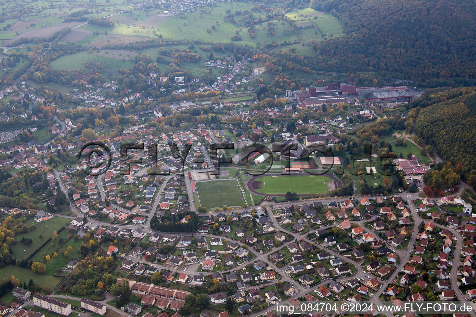 Aerial view of Niederbronn-les-Bains in the state Bas-Rhin, France