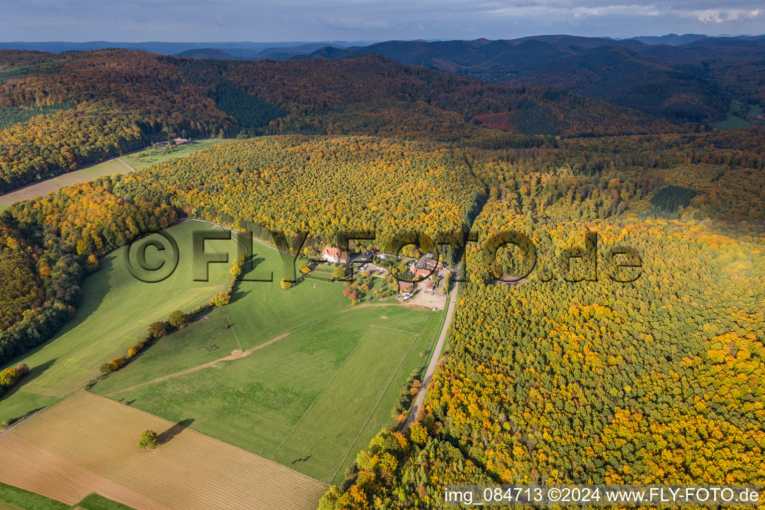 Aerial view of Buildings and parks at the mansion Villa le Riesack and farmhouse Mellon in fall-colours at the forest edge in Niederbronn-les-Bains in Grand Est, France