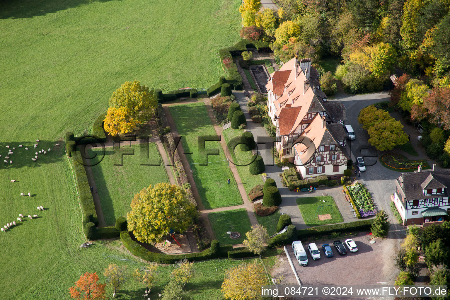 Villa le Riessack in Niederbronn-les-Bains in the state Bas-Rhin, France from above