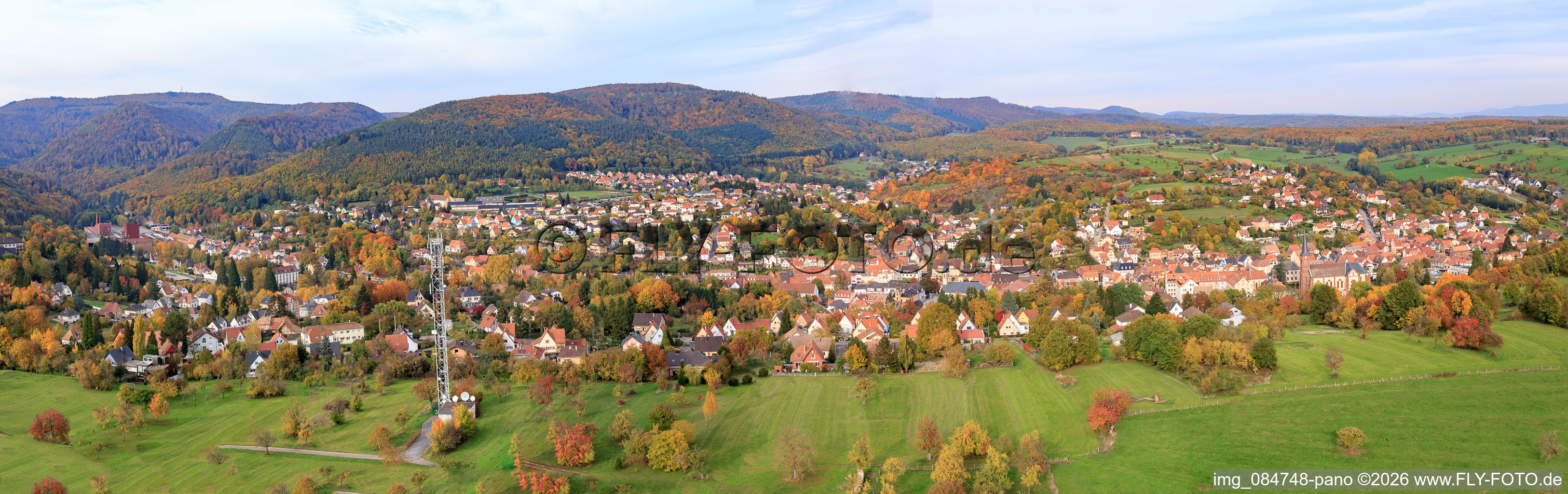 City panorama from the southwest in Niederbronn-les-Bains in the state Bas-Rhin, France