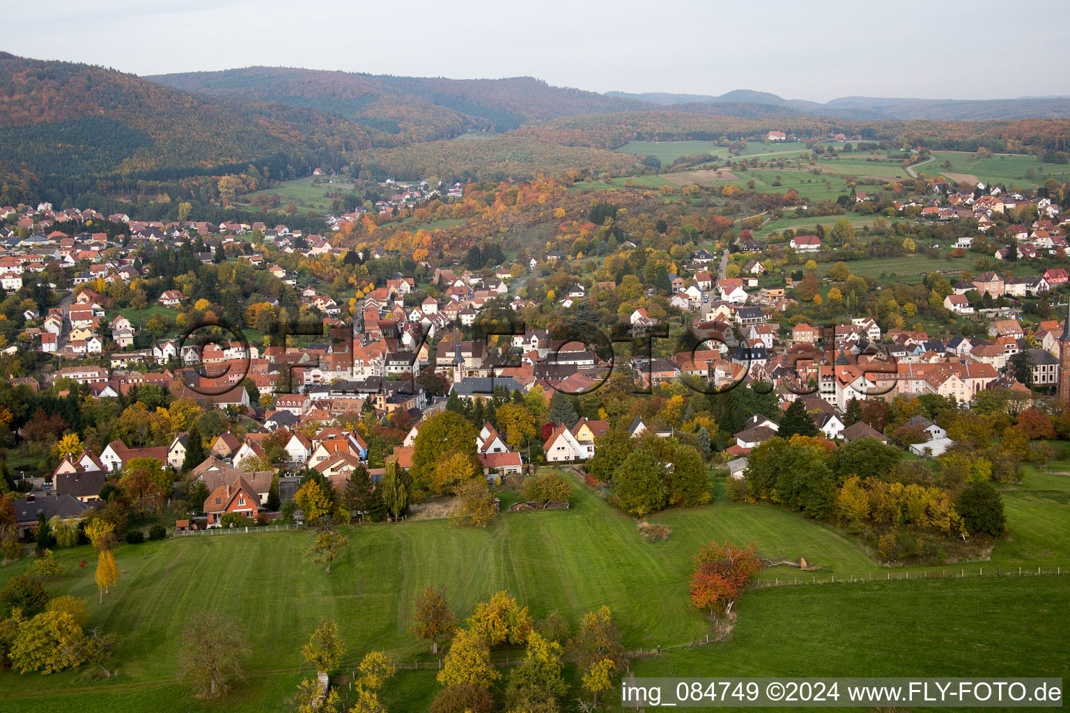 Bird's eye view of Niederbronn-les-Bains in the state Bas-Rhin, France