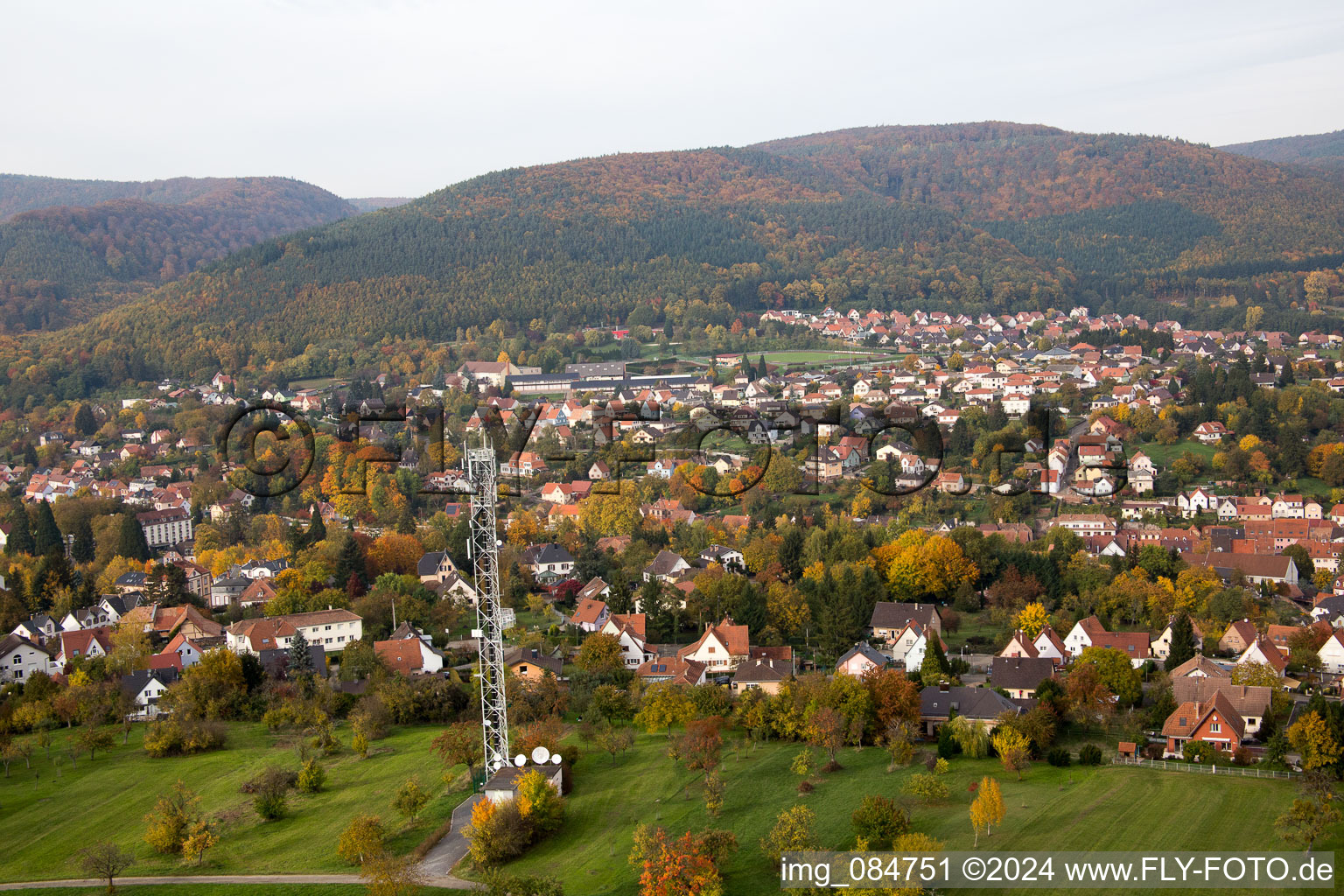 Drone recording of Niederbronn-les-Bains in the state Bas-Rhin, France