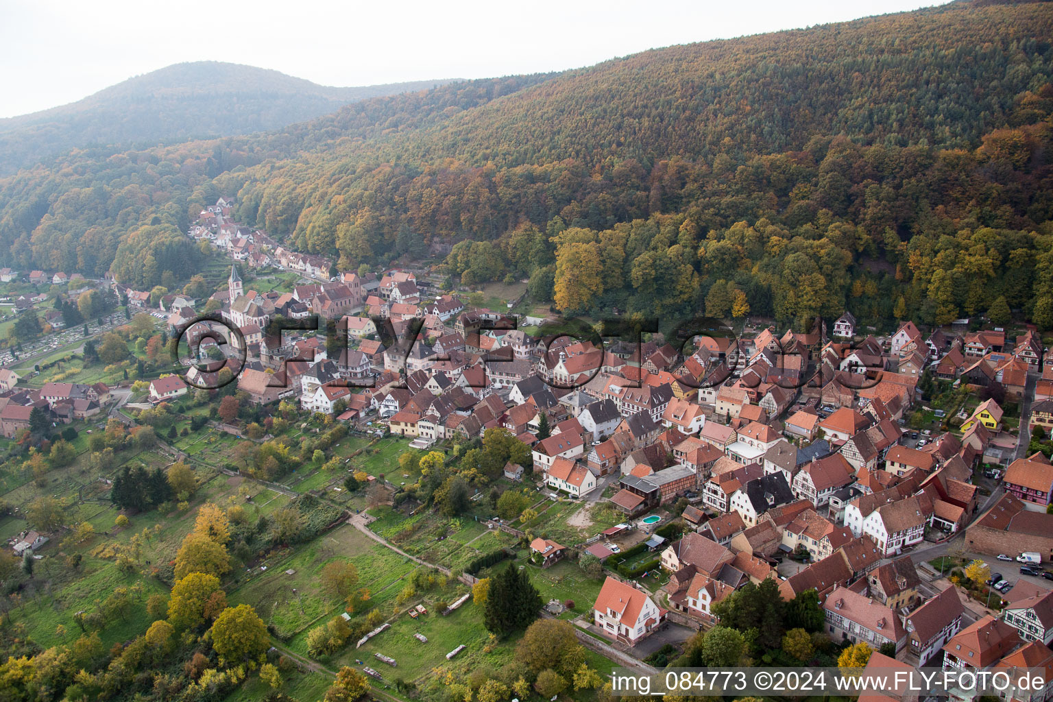 Aerial view of Oberbronn in the state Bas-Rhin, France