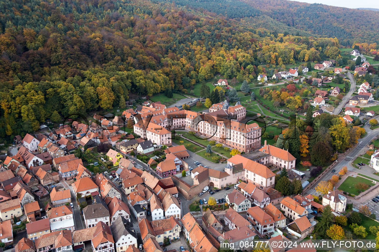 Aerial view of Complex of buildings of the monastery Oberbronn in Oberbronn in Grand Est, France