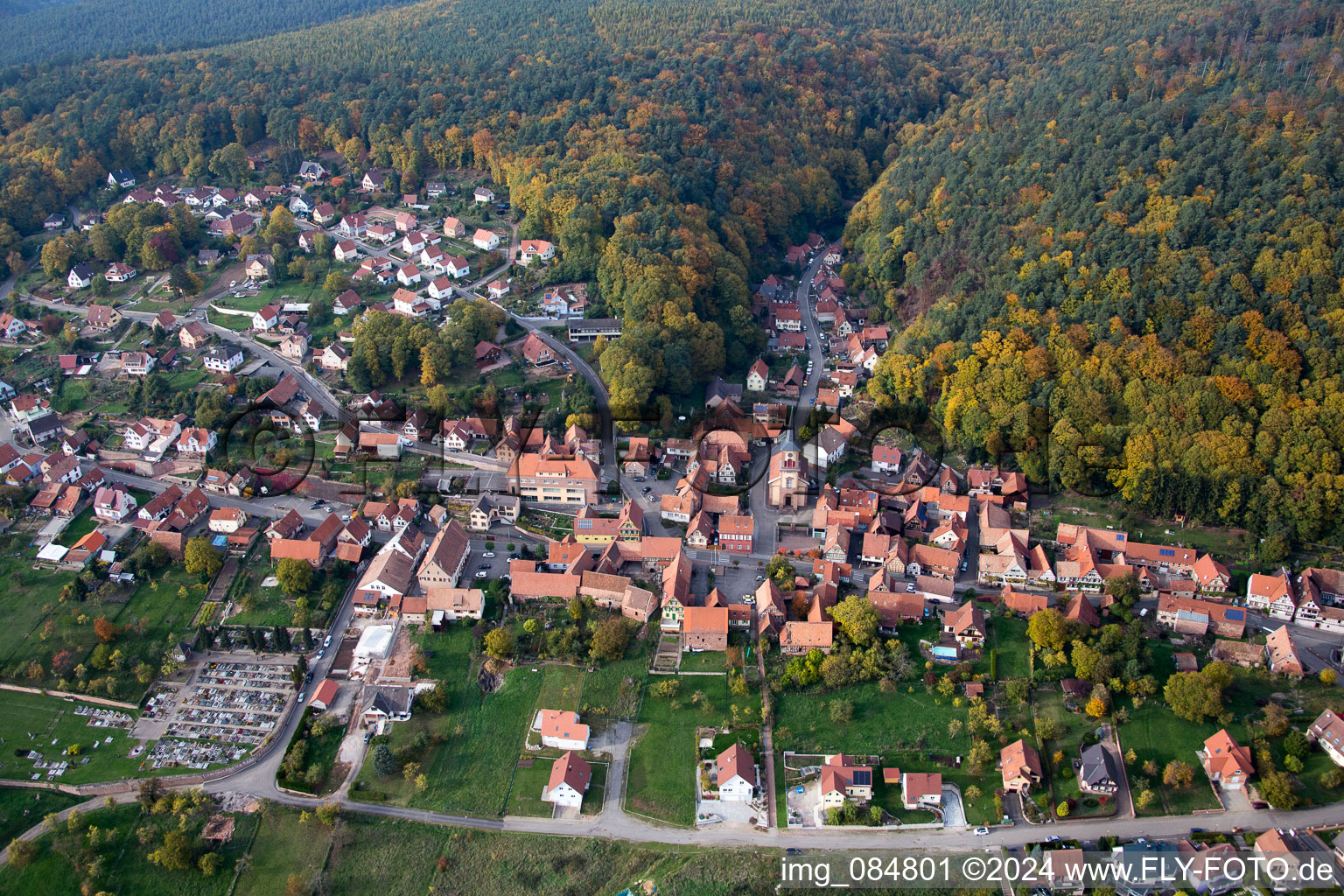 Offwiller in the state Bas-Rhin, France from above