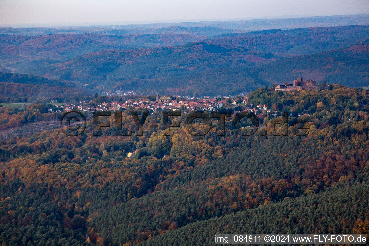 Aerial view of Lichtenberg in the state Bas-Rhin, France