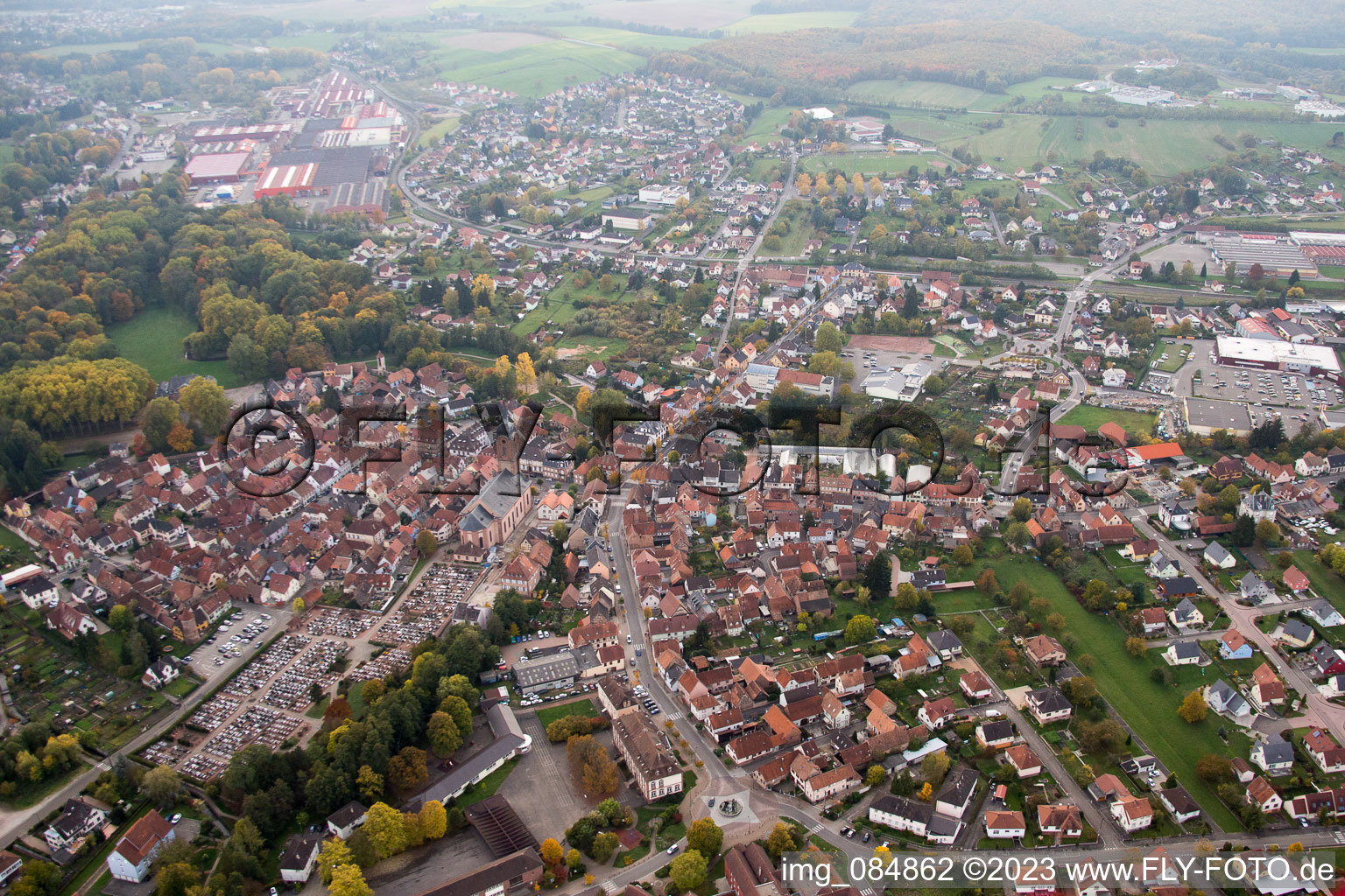 Reichshoffen in the state Bas-Rhin, France viewn from the air