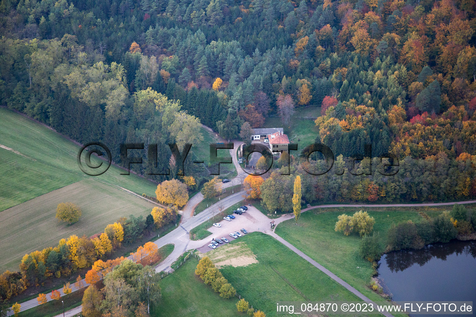 Aerial view of Plan d'Eau de Wolfartshoffen in Reichshoffen in the state Bas-Rhin, France