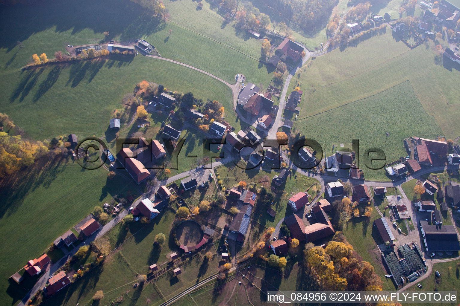 Village - view on the edge of agricultural fields and farmland in Breitenbuch in the state Bavaria