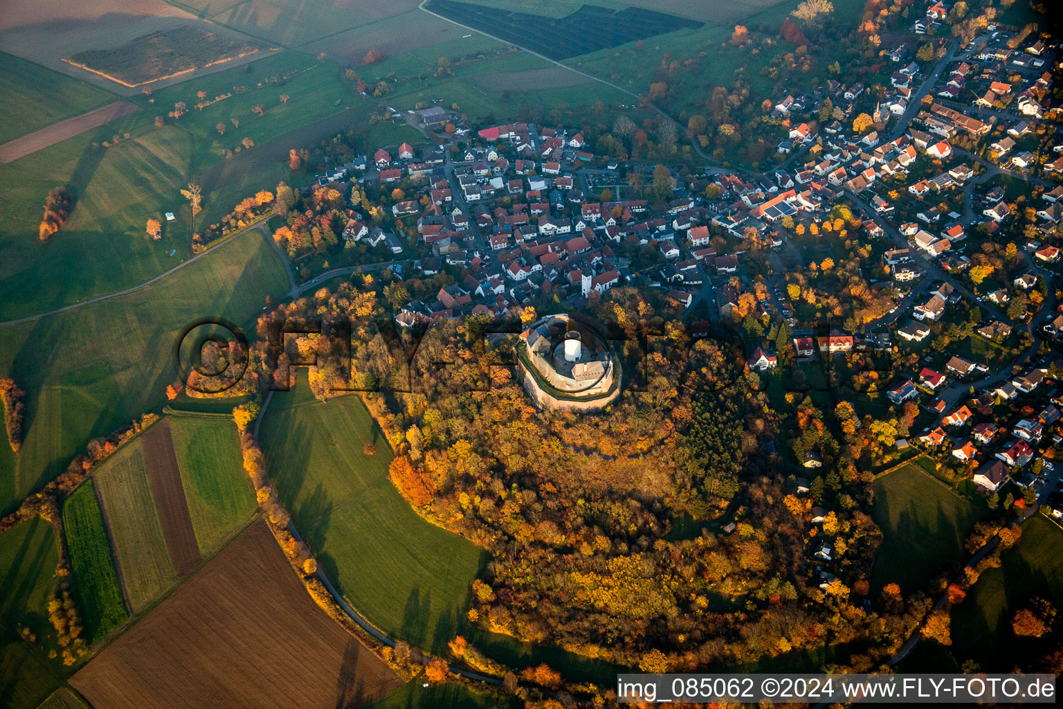 Castle of the fortress Feste Otzberg with autumn colours in Otzberg in the state Hesse