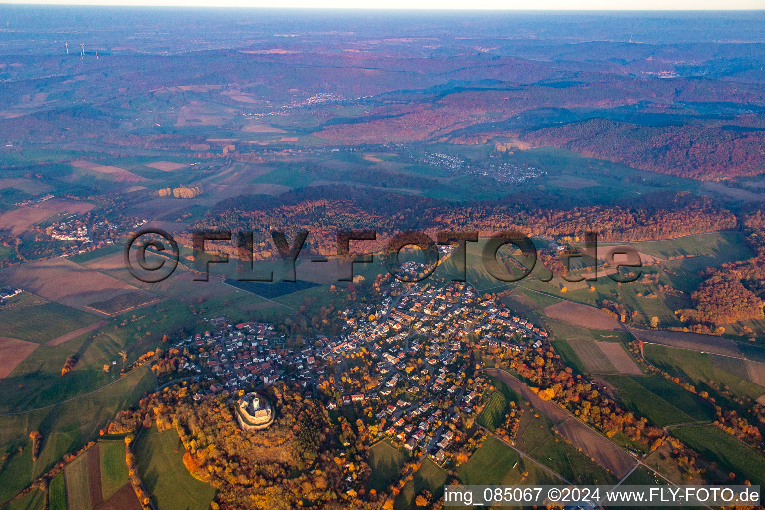 Veste Otzberg in Hering in the state Hesse, Germany from above