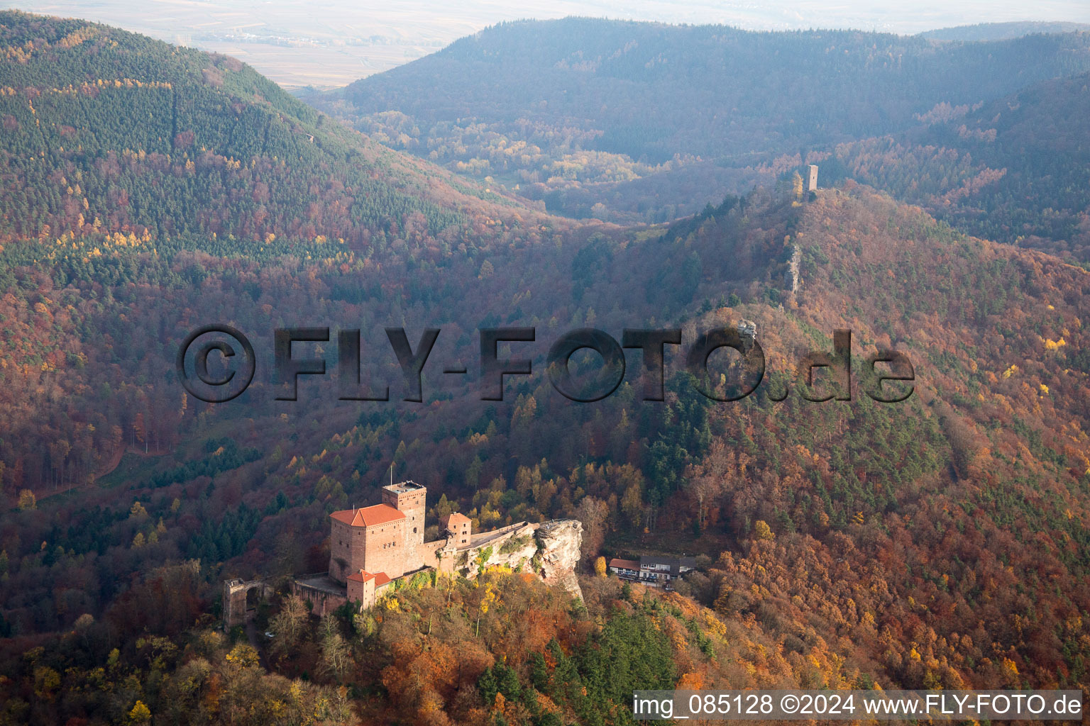 Aerial view of Castle of the fortress Burg Trifels in Annweiler am Trifels in the state Rhineland-Palatinate