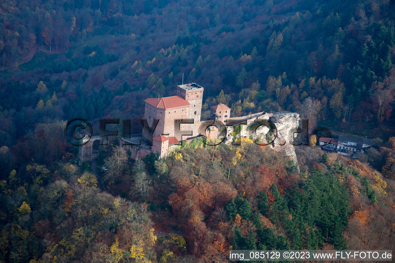 Trifels Castle in Annweiler am Trifels in the state Rhineland-Palatinate, Germany from above