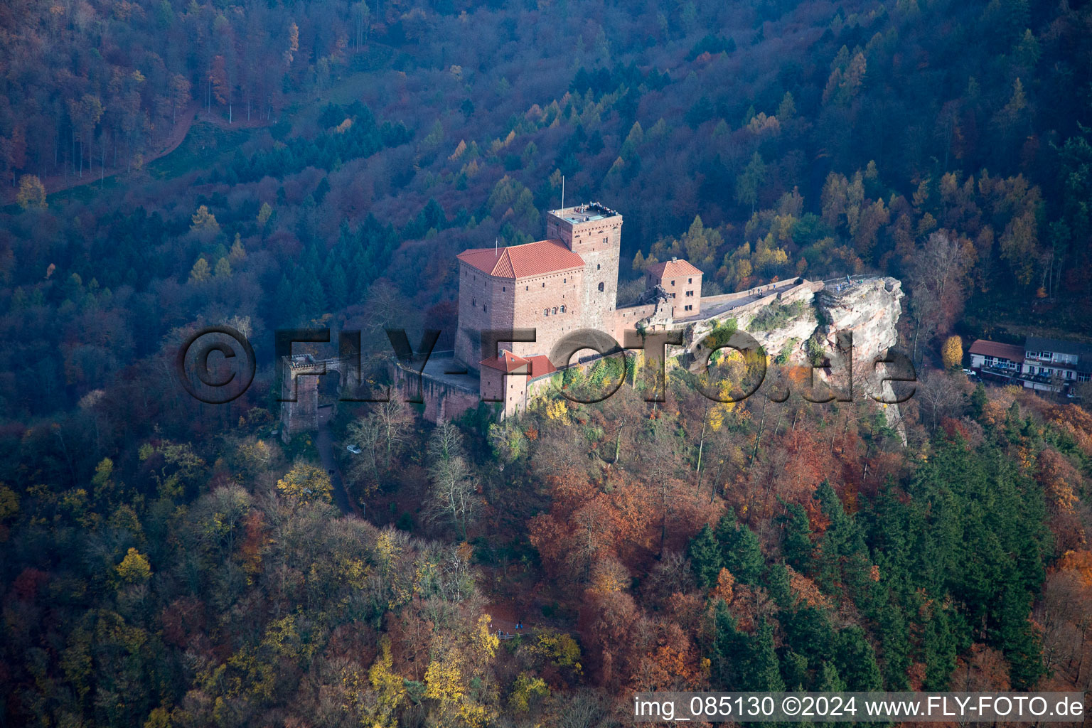 Trifels Castle in Annweiler am Trifels in the state Rhineland-Palatinate, Germany out of the air