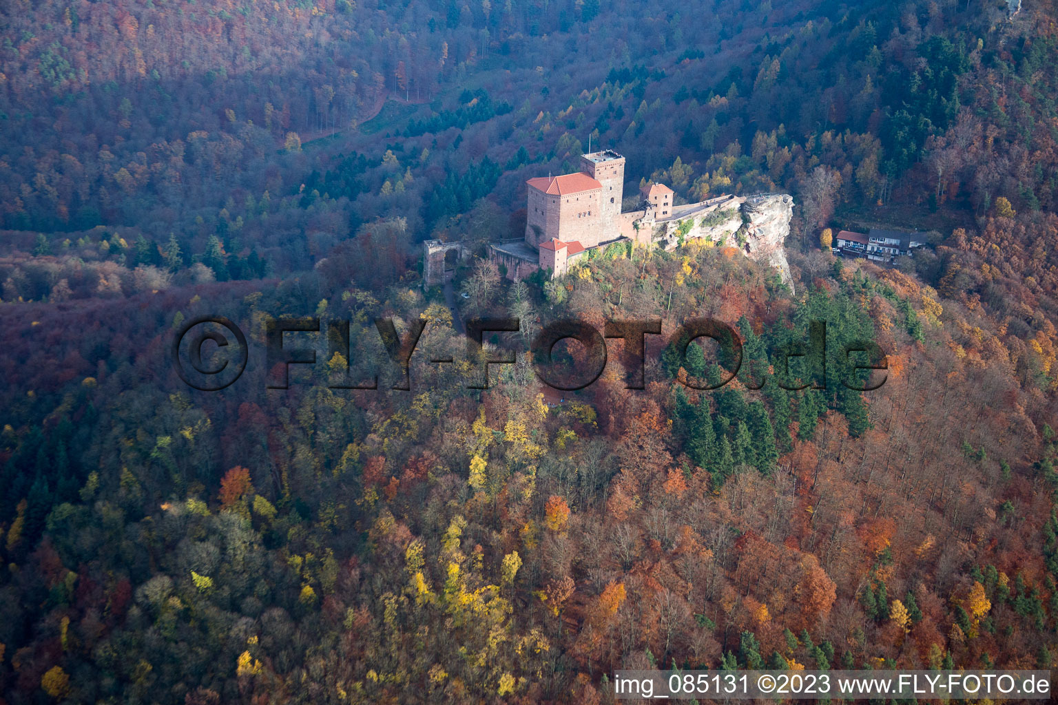 Trifels Castle in Annweiler am Trifels in the state Rhineland-Palatinate, Germany seen from above
