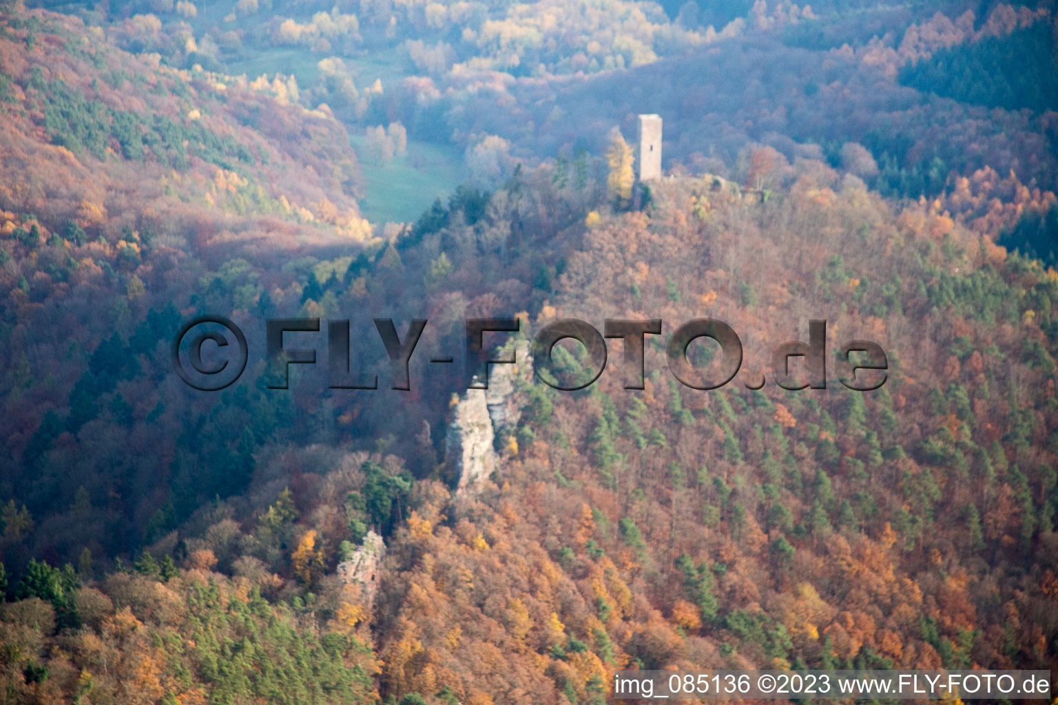 Trifels Castle in Annweiler am Trifels in the state Rhineland-Palatinate, Germany from the plane