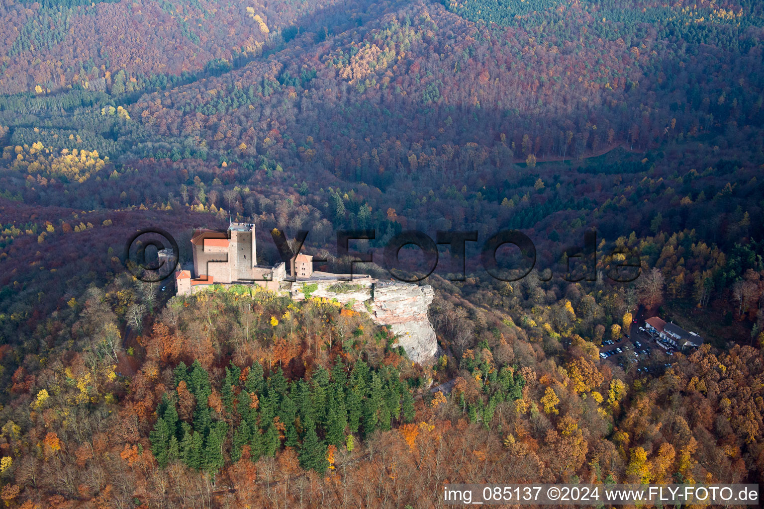 Bird's eye view of Trifels Castle in Annweiler am Trifels in the state Rhineland-Palatinate, Germany