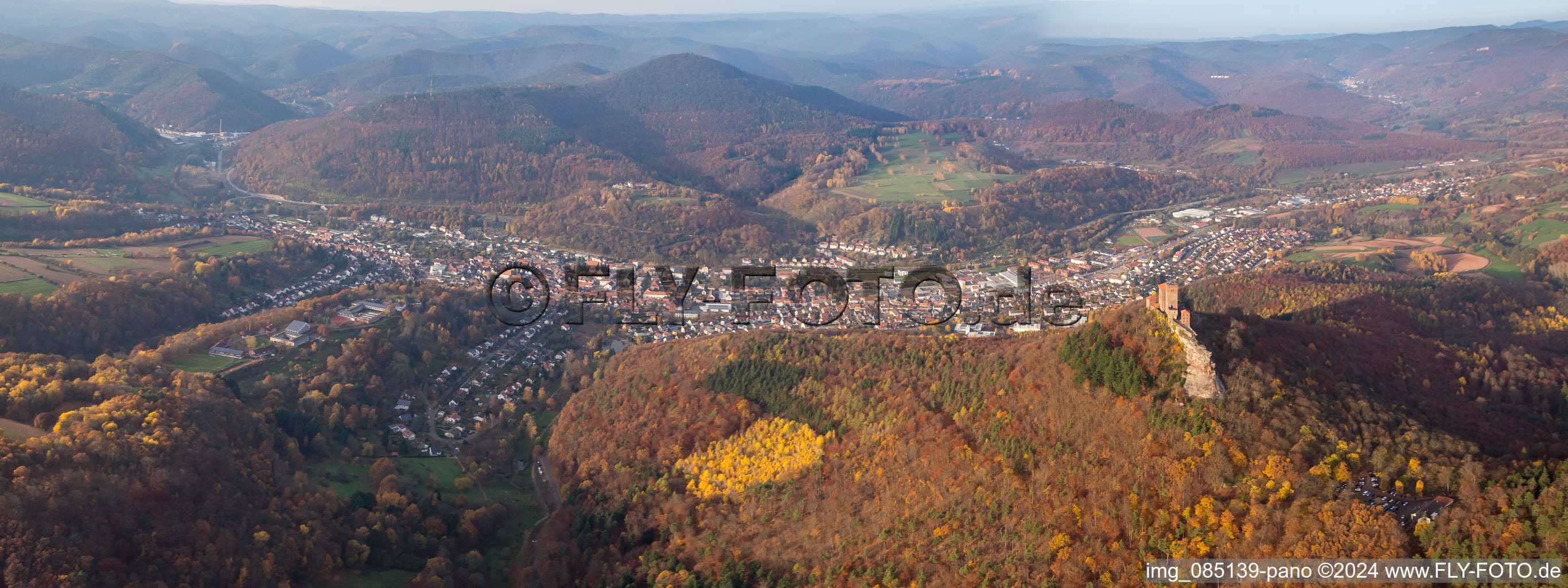 Panorama Trifels Castle above the Queichtal in the district Bindersbach in Annweiler am Trifels in the state Rhineland-Palatinate, Germany