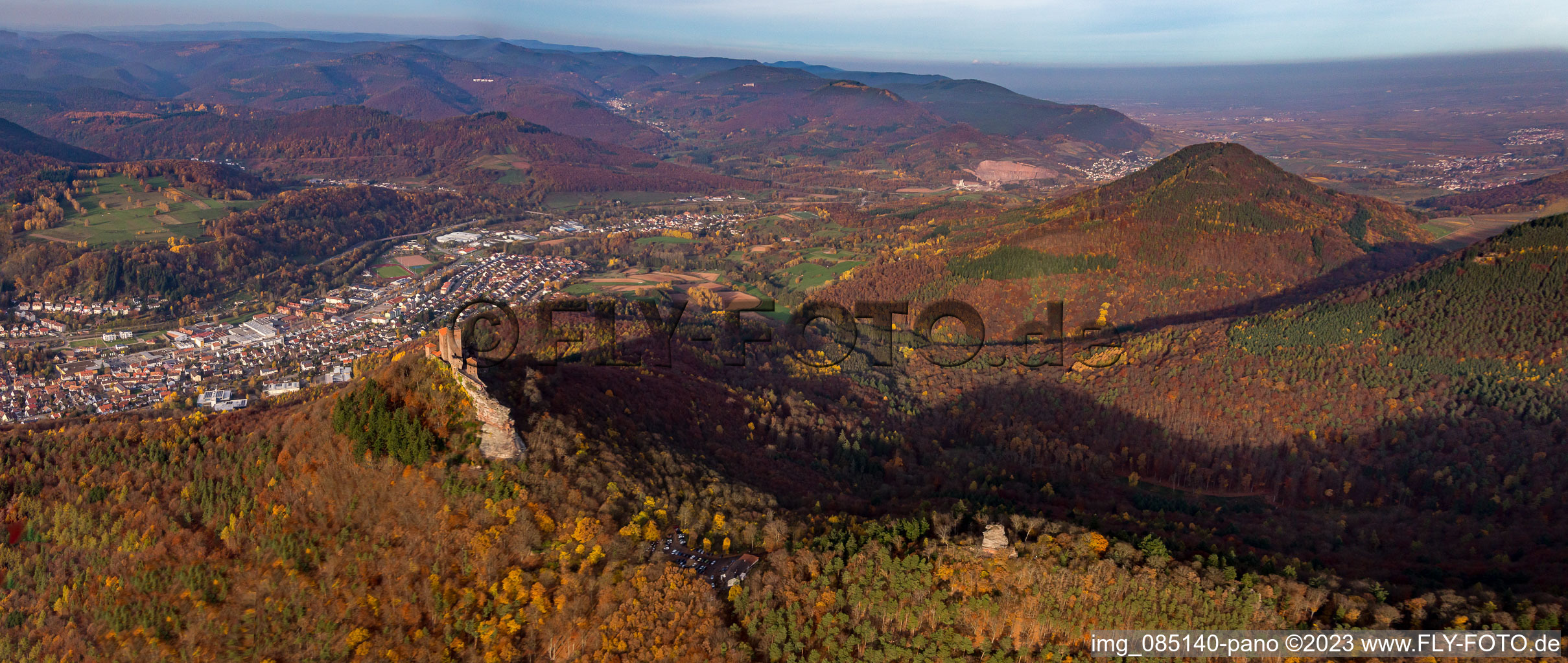Trifels Castle in Annweiler am Trifels in the state Rhineland-Palatinate, Germany viewn from the air