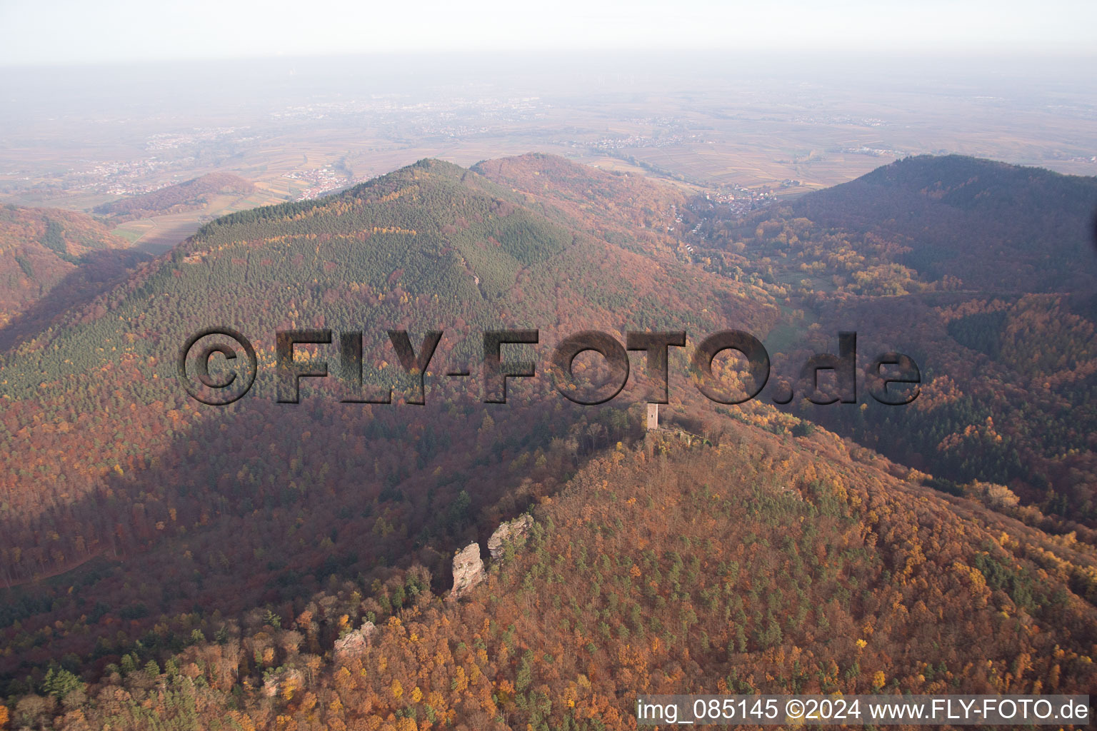 Aerial view of Castle ruins Anebos Jungturm and Scharfenberg in Leinsweiler in the state Rhineland-Palatinate, Germany