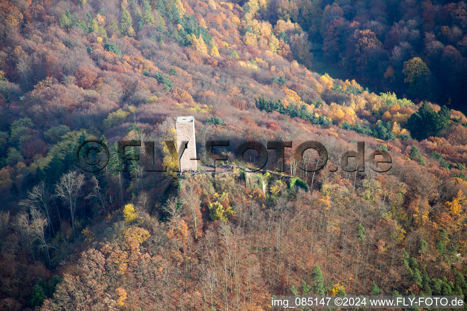 Aerial view of Scharfenberg Castle Ruins, called "Münz in Leinsweiler in the state Rhineland-Palatinate, Germany